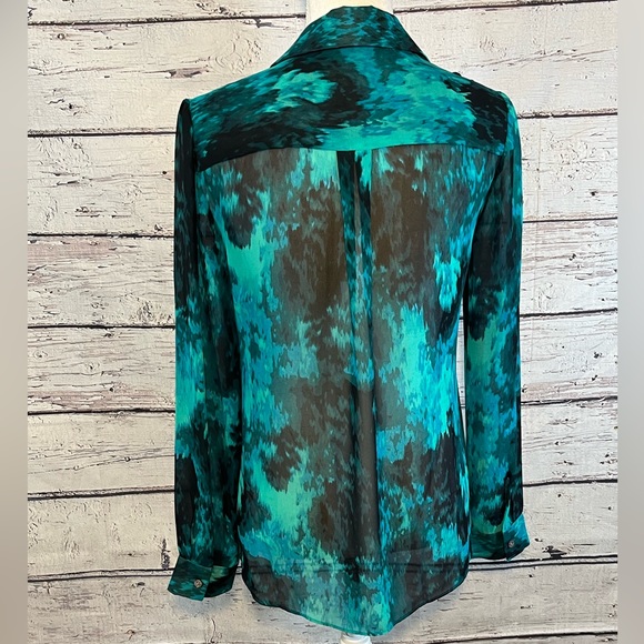 VINCE CAMUTO Sheer Button Down Shirt Teal Blue Green Print-Small - Picture 2 of 2